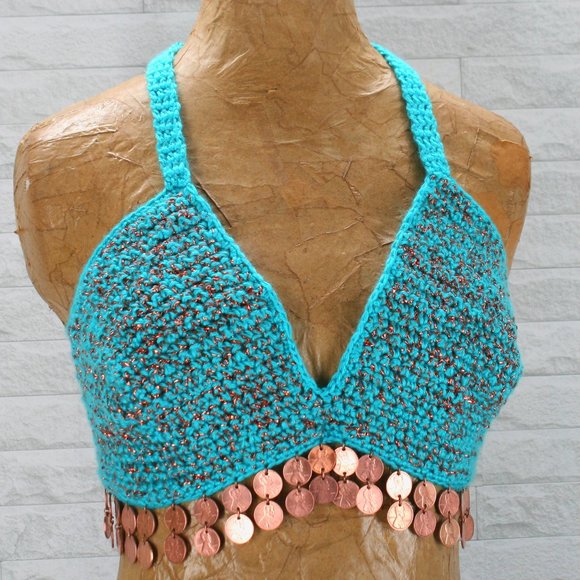 Hand Crafted Tops - HAND CRAFTED Cropped Top Crochet Bikini Turquoise Penny Embellished Fringe
